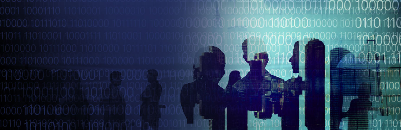 background collage with silhouettes, buildings and programing code