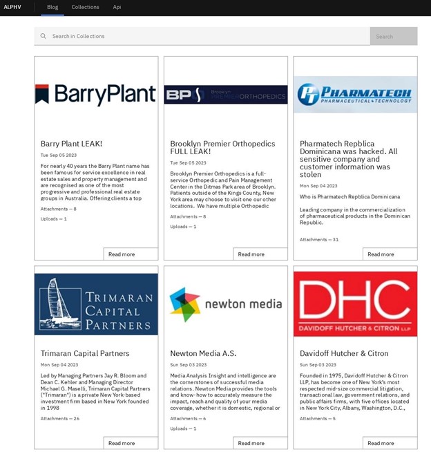 The hacking group ALPHV, also known as Blackcat, posts a collection of its notable data heists on the DarkNet.