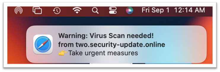 Fake system notification from a site that has tricked a user into “allowing notifications” from a scammy site.